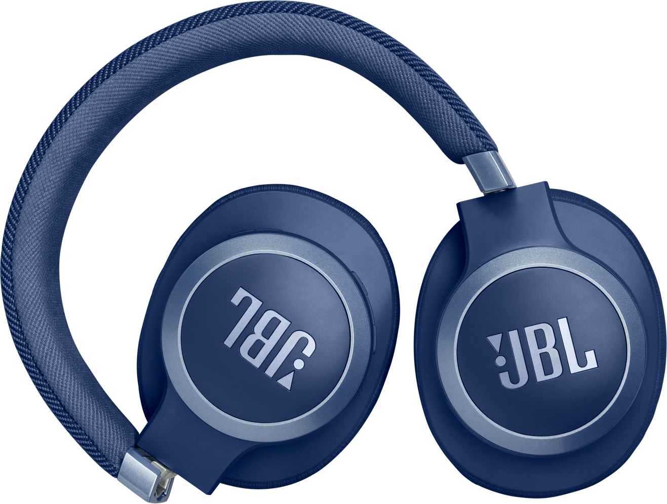 Casque JBL bleu, avec le logo JBL sur chaque écouteur, sur fond noir.