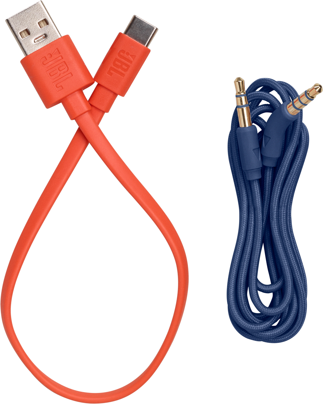 Câbles orange et bleu : un câble USB vers USB-C et un câble auxiliaire bleu.