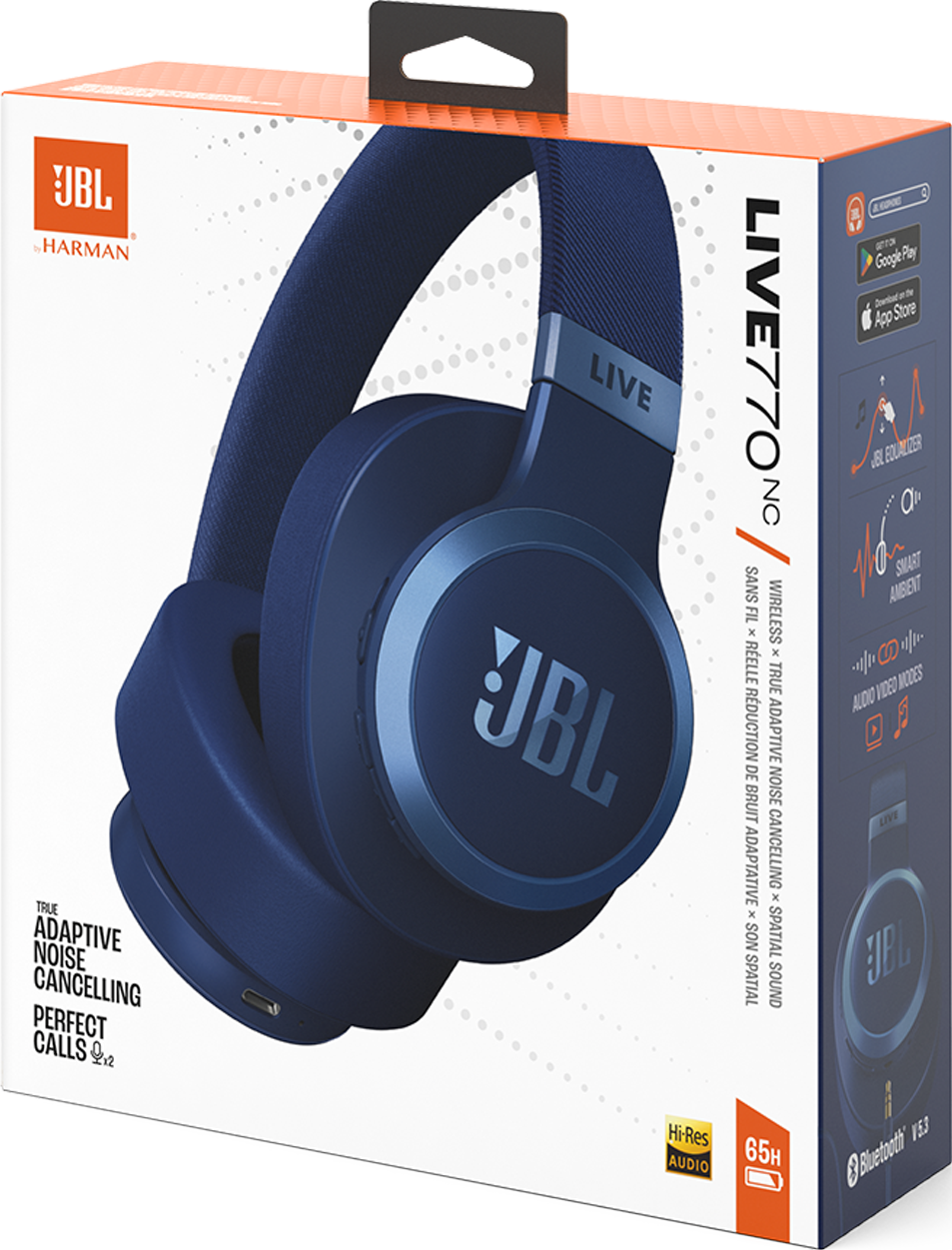 Casque JBL LIVE770NC, couleur bleue, boîte sur le côté droit.