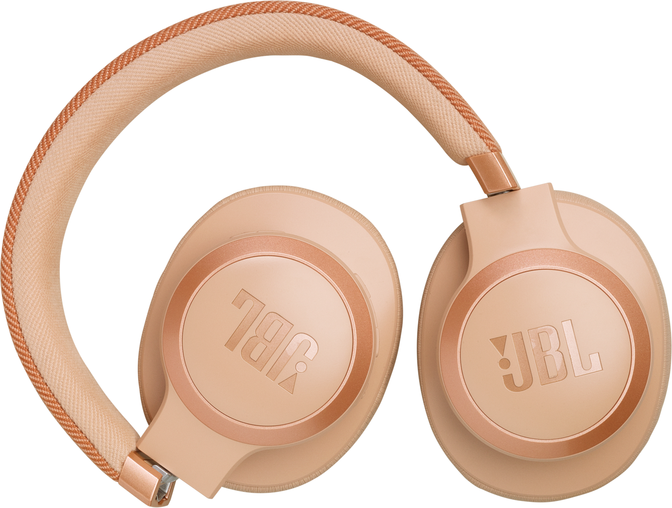 Casque JBL beige avec le logo JBL sur les écouteurs.