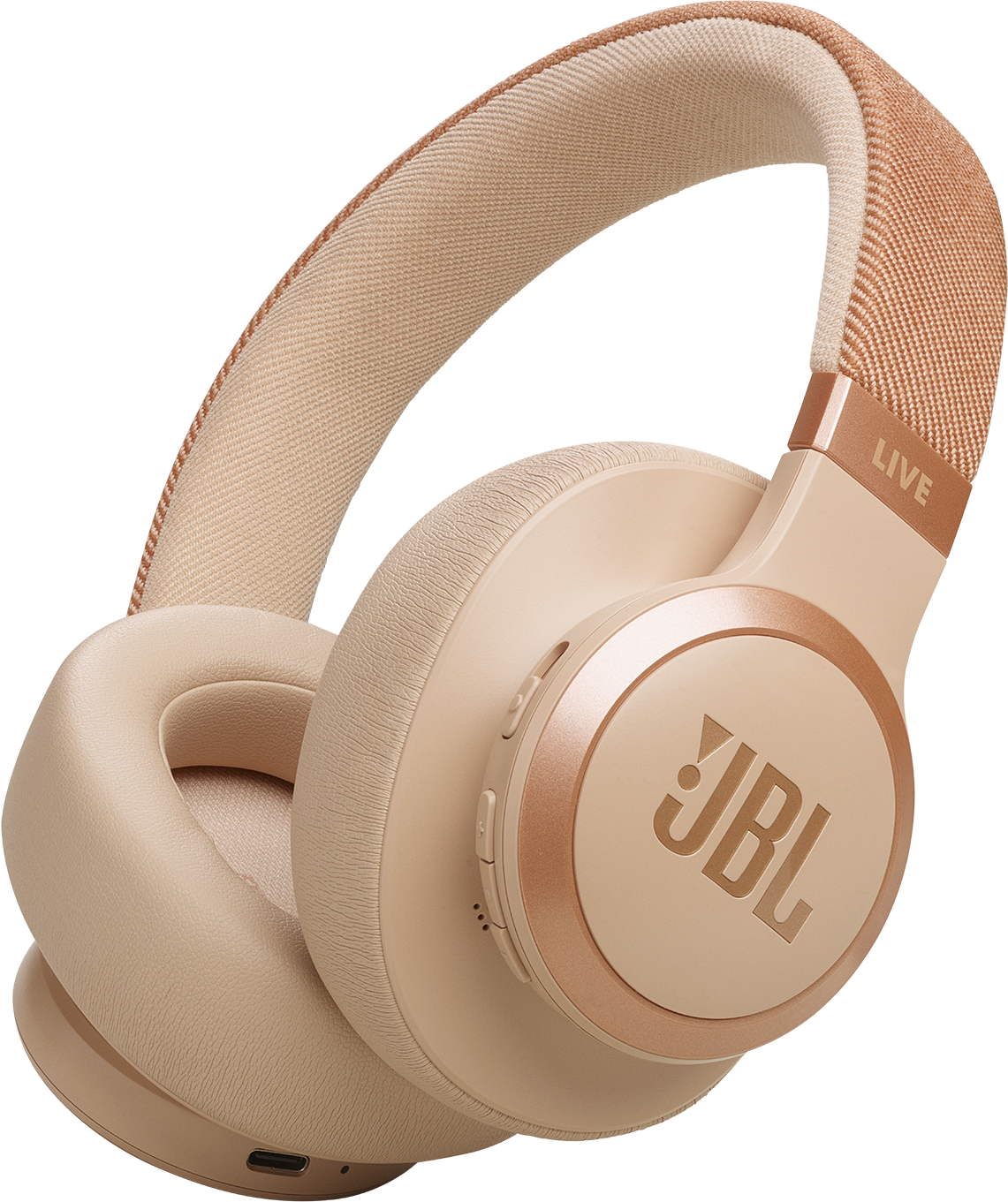 Casque JBL beige. Bandeau et oreillettes beiges, avec des accents or rose. Le logo JBL est visible sur l'écouteur.