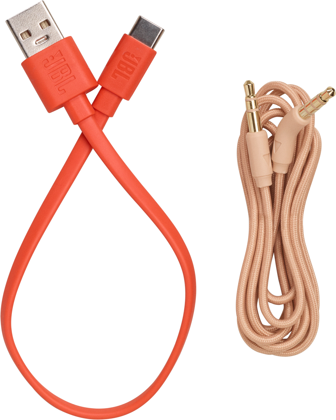 Câbles orange JBL USB-C et USB croisés. Câble audio beige avec fiches dorées.
