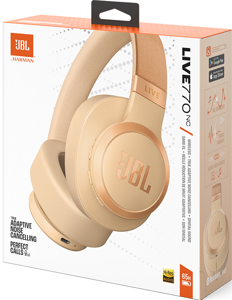 Casque JBL beige dans une boîte, avec les fonctionnalités listées sur le côté.
