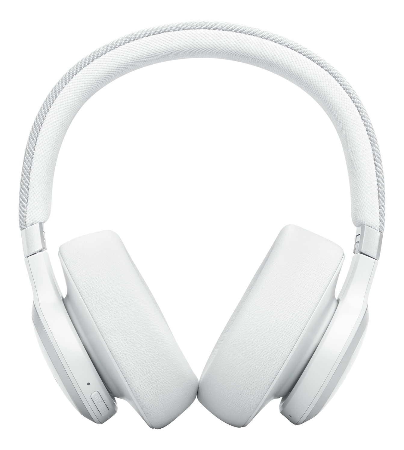Cuffie bianche over-ear con fascia e padiglioni in tessuto, su sfondo nero.