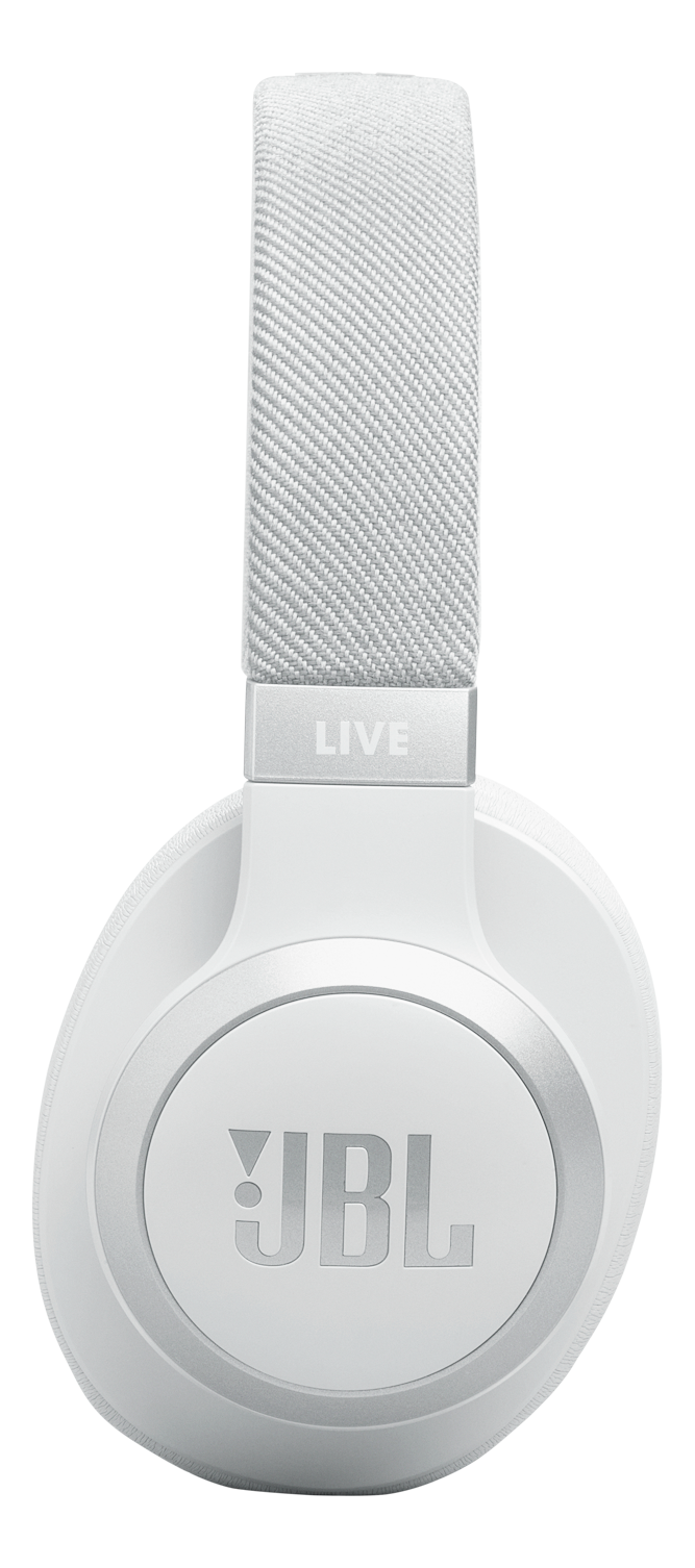 Cuffie JBL LIVE bianche, scatto in studio, isolate su sfondo nero.