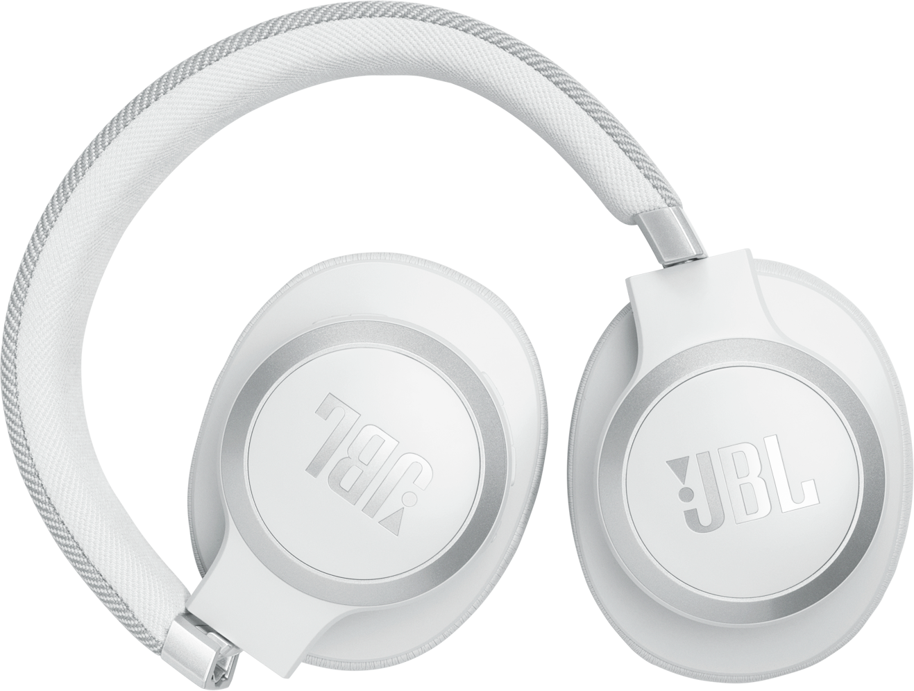 Cuffie JBL bianche con archetto in tessuto grigio. Il logo JBL è visibile su ciascun padiglione auricolare.