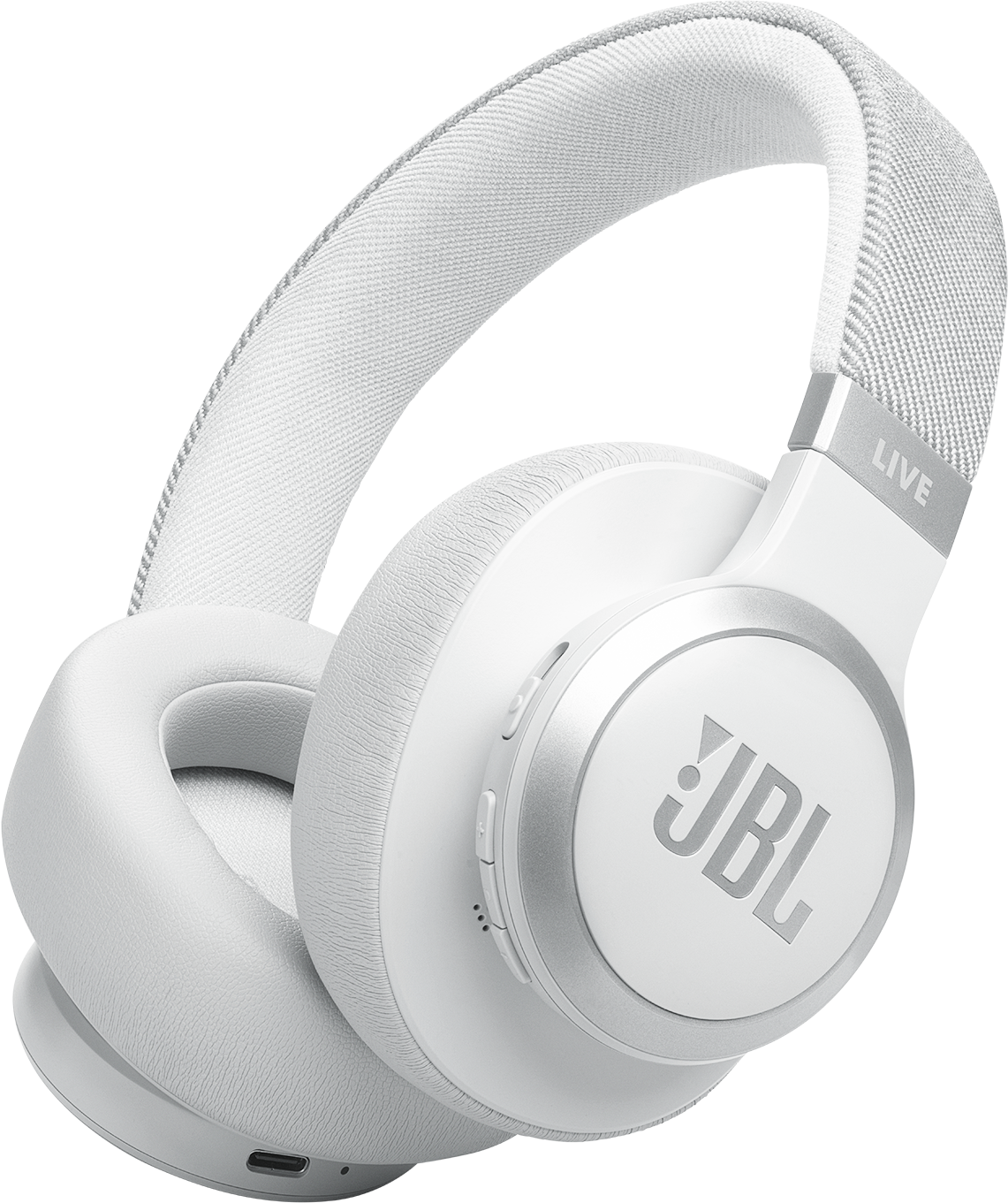Cuffie JBL Live bianche, scatto angolato su sfondo scuro.