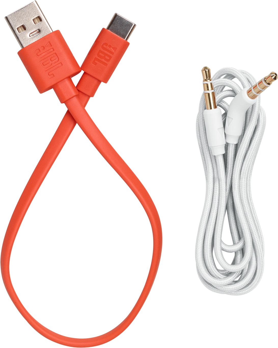 Cavo USB-C arancione e cavo audio bianco, entrambi con connettori dorati.
