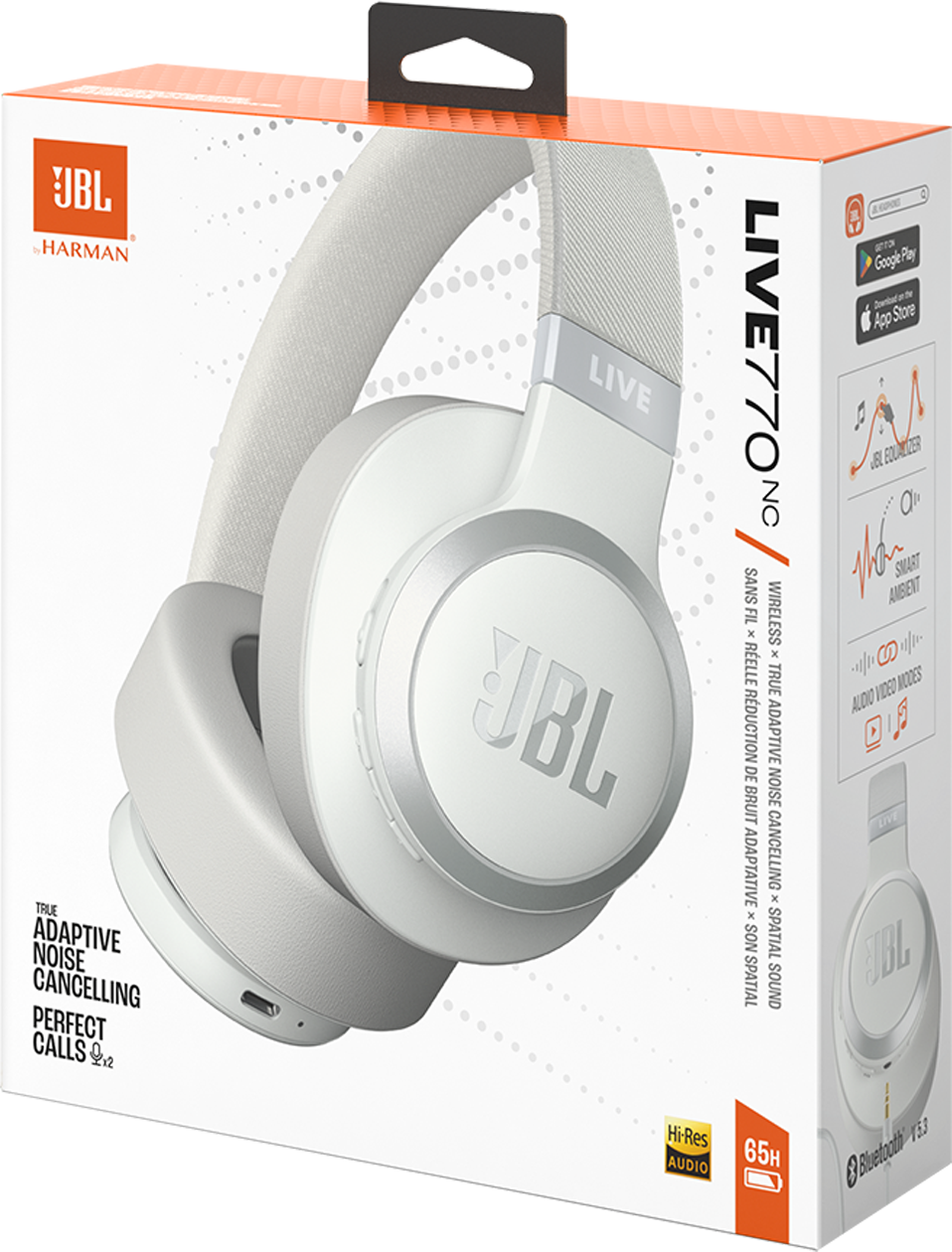 Cuffie JBL bianche in scatola. La scatola mostra cuffie e funzionalità.