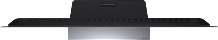 Egy fekete LG TV felülnézete ezüst talppal.