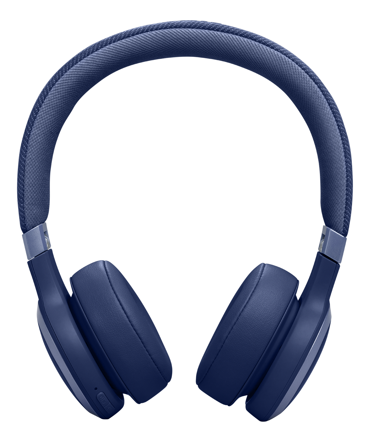 Casque bleu. Vue aérienne d'écouteurs bleus reliés par un bandeau bleu. Fond noir.