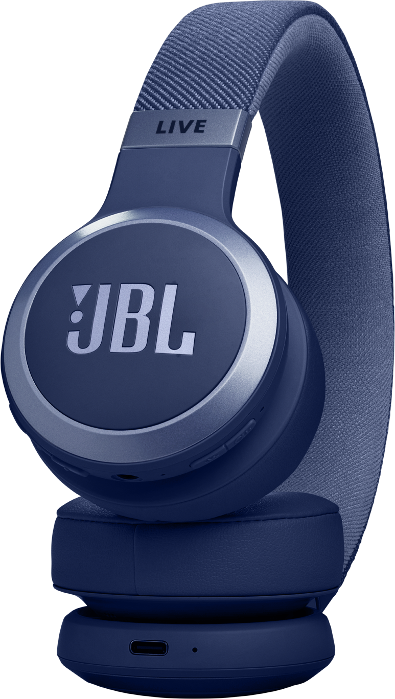 Casque JBL bleu et argent. Le mot 'LIVE' est écrit en haut.