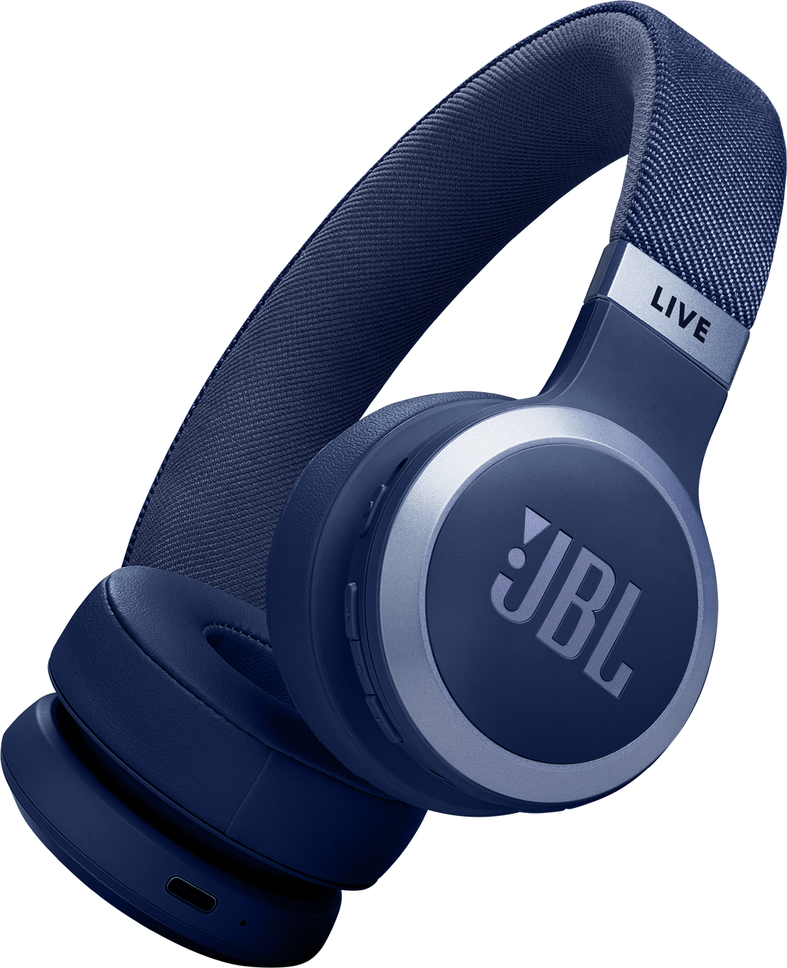 Casque JBL bleu foncé. Le fond est noir, montrant le casque isolé.