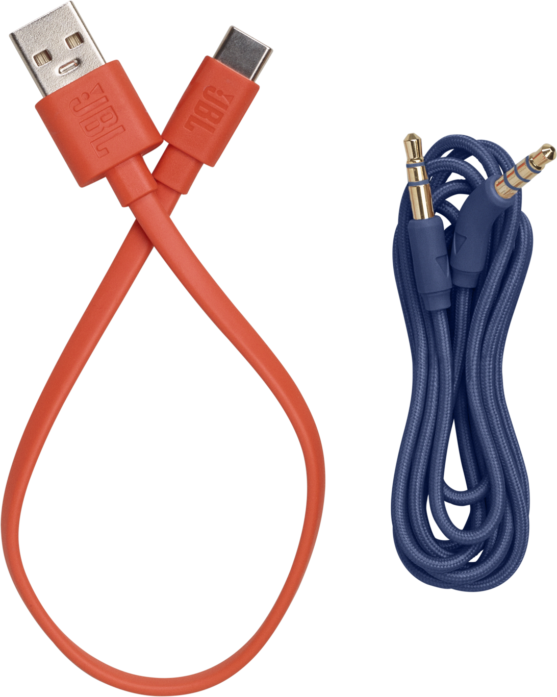 Câbles USB et USB-C oranges et un câble audio bleu avec connecteurs dorés.