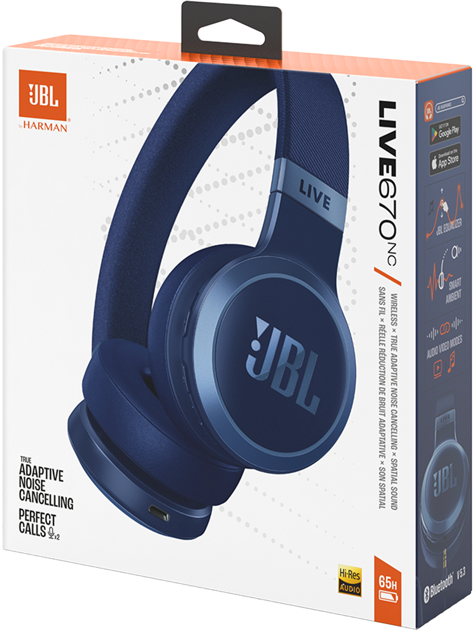 Casque JBL dans une boîte, avec du texte et un logo Bluetooth.
