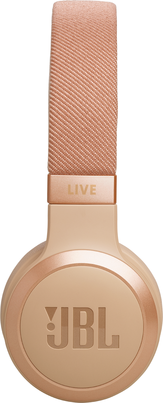 Casque JBL or rose avec bandeau en tissu et oreillettes sur fond noir.