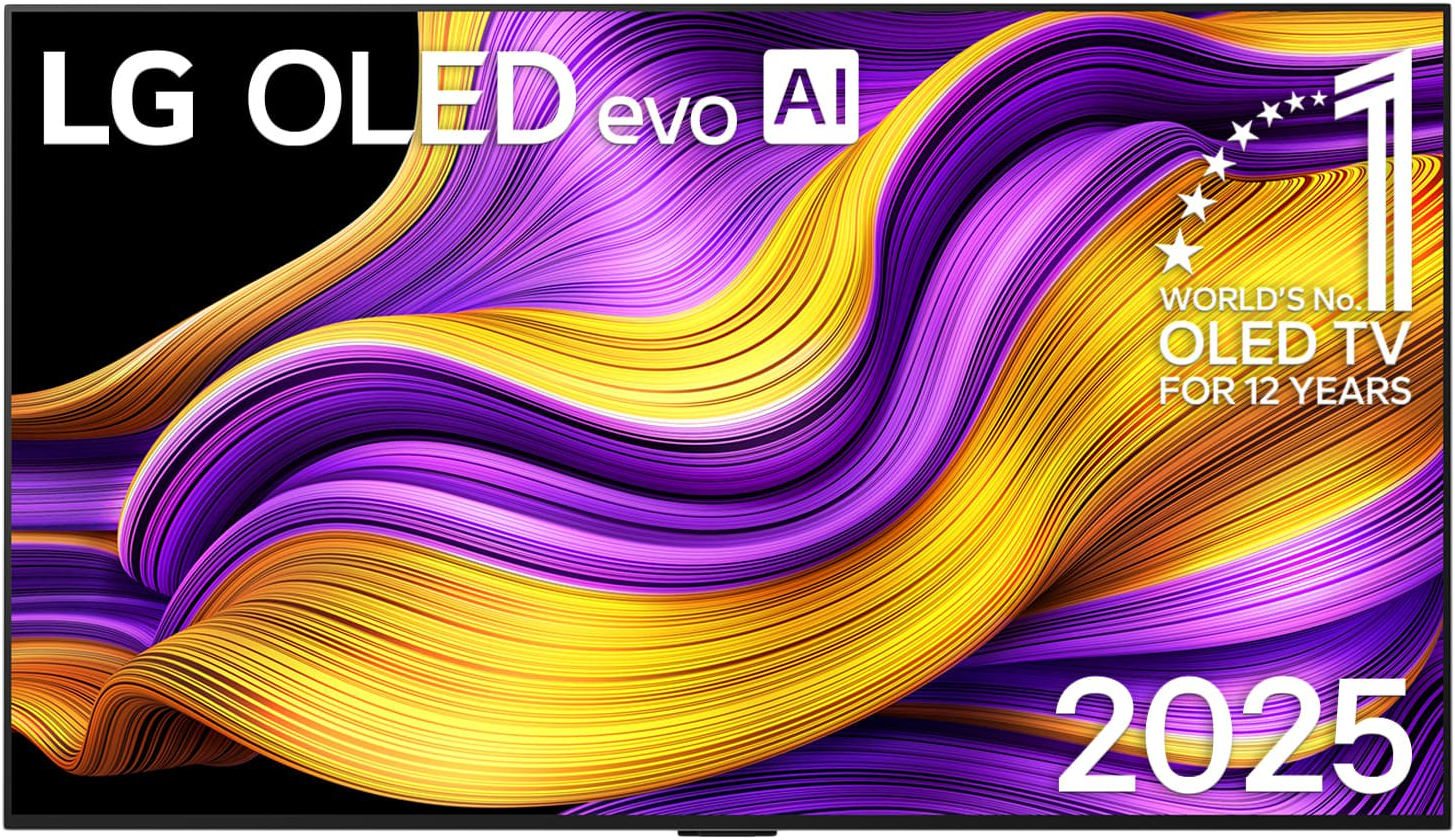 Egy LG OLED evo AI TV színes, absztrakt dizájnt jelenít meg, lila és sárga hullámokkal. A 2025-ös szám látható.