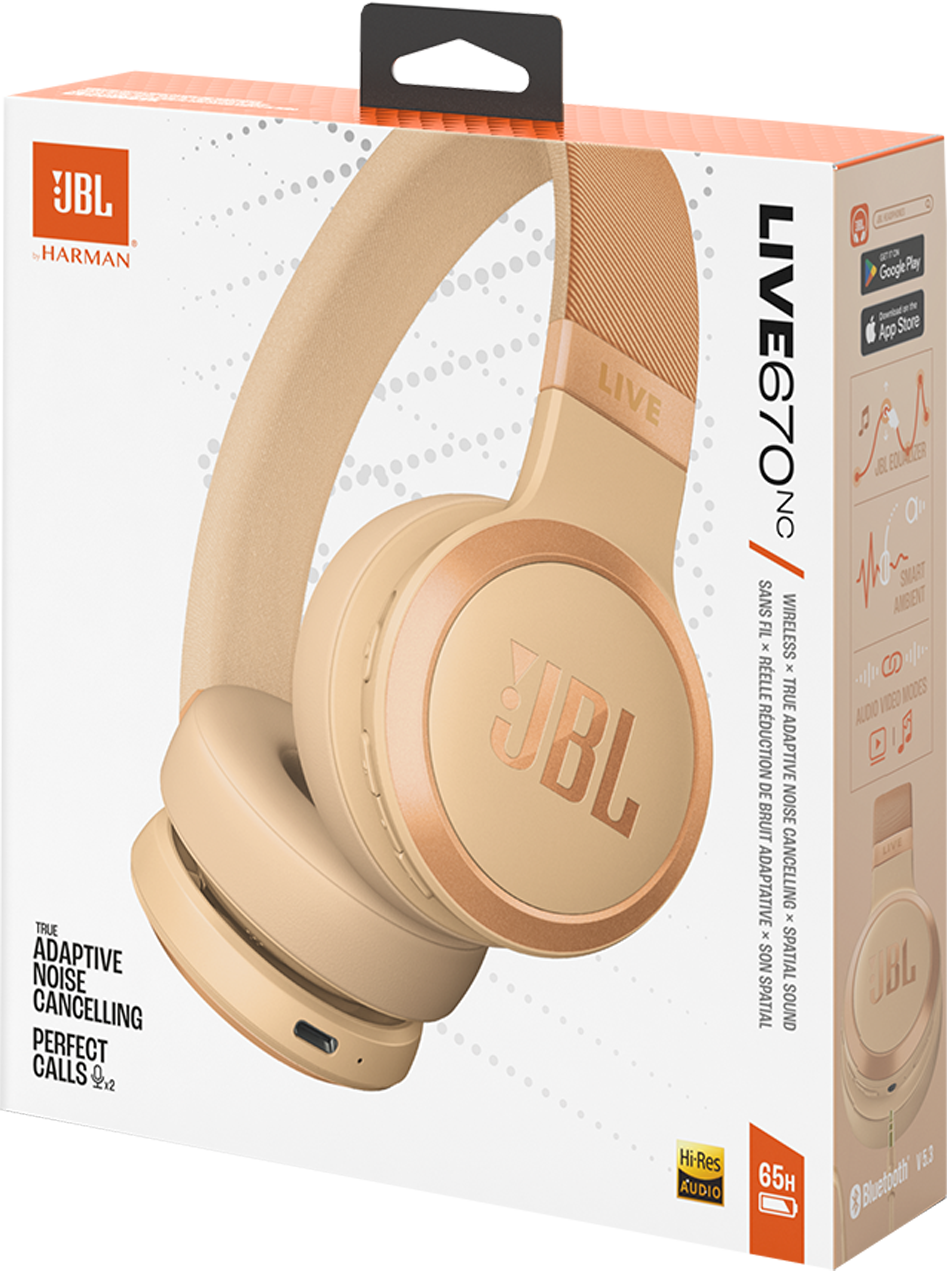 Une boîte de casque JBL Live 670NC, couleur beige, avec texte et image.