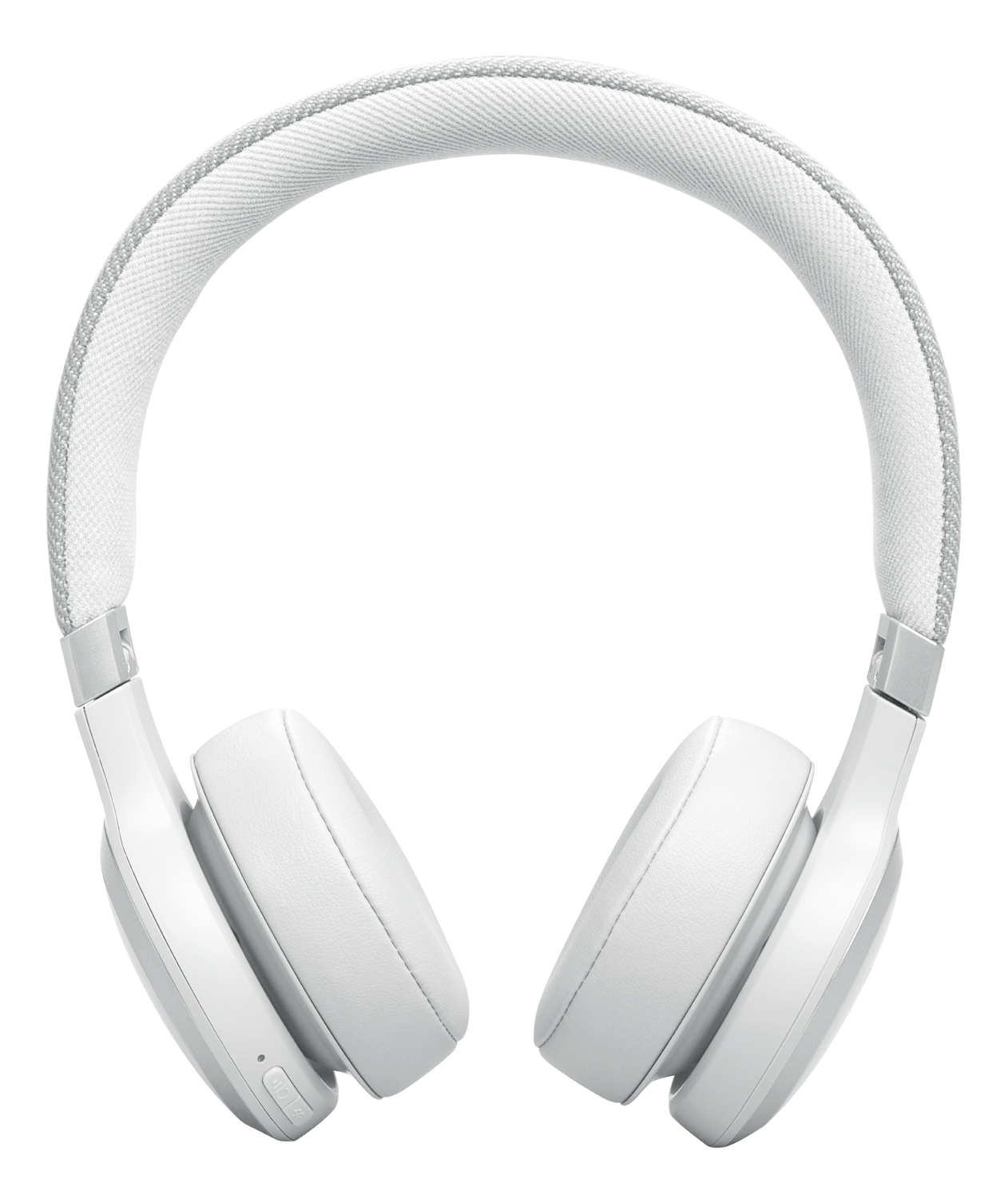 Casque blanc sur fond noir. Le casque a un arceau et des écouteurs blancs.