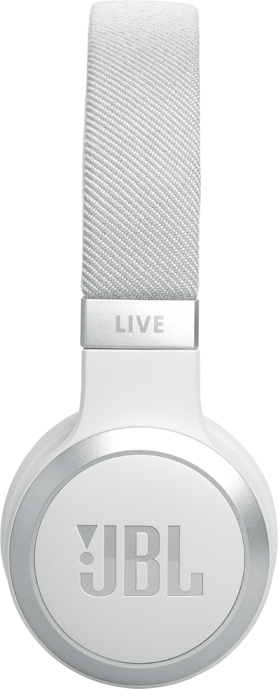 Casque JBL blanc avec un bandeau argenté et le mot 'LIVE'.