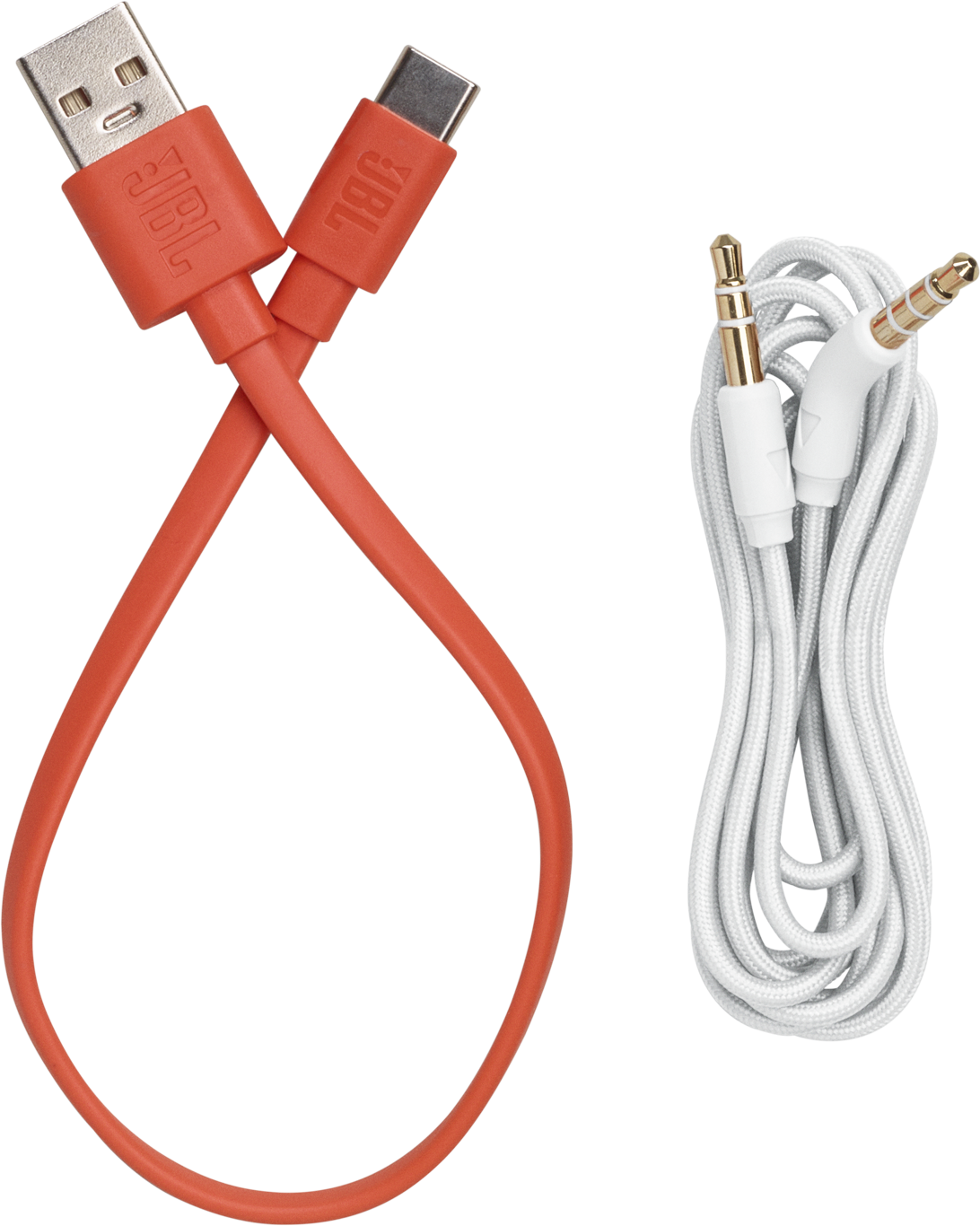 Câble USB vers USB-C orange et câble AUX blanc avec connecteurs dorés.