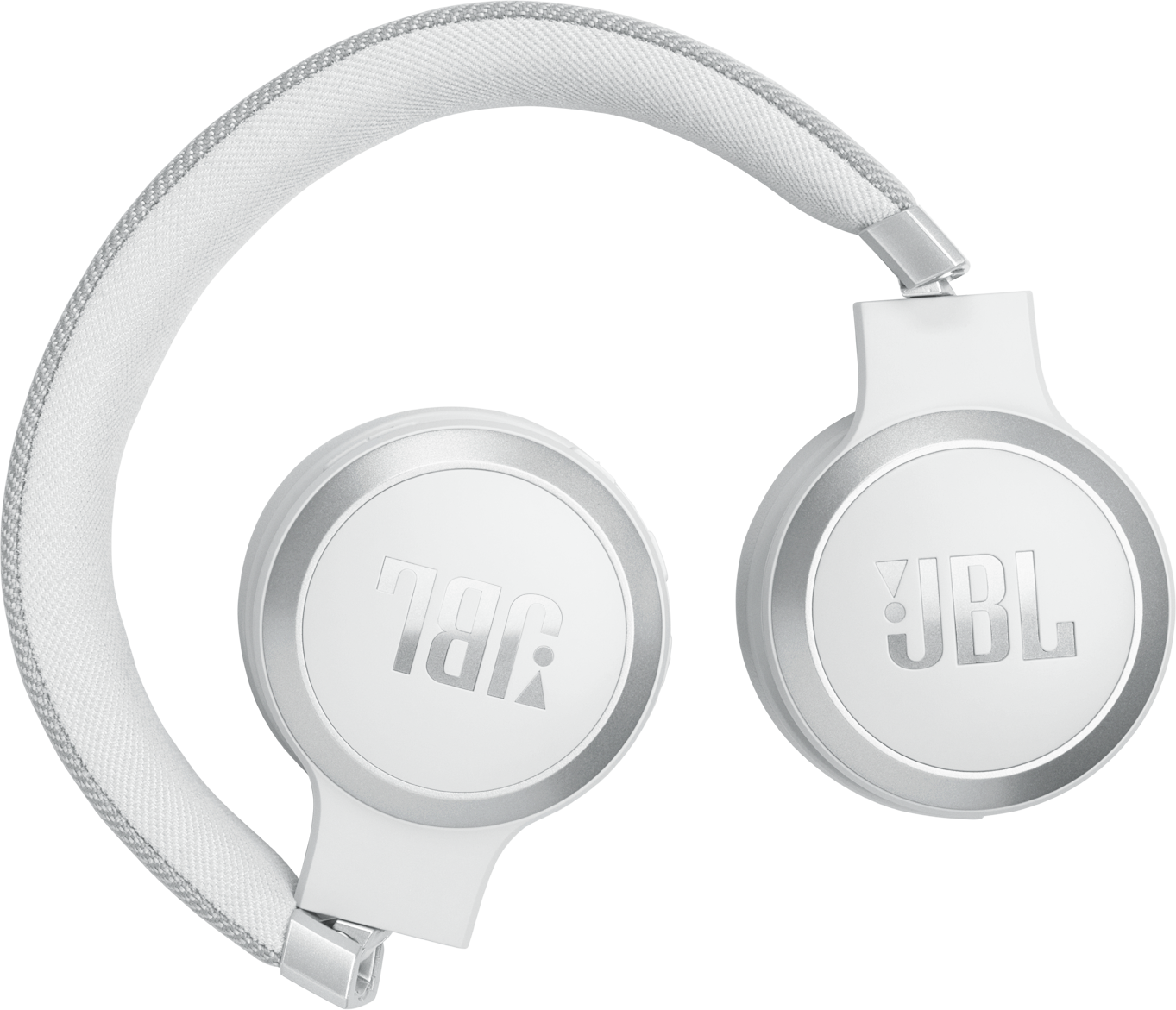 Casque JBL blanc avec des touches d'argent. L'arceau est en tissu, et les écouteurs ont le logo JBL.