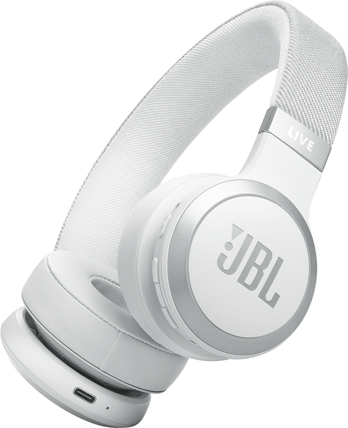 Casque JBL blanc avec détails argentés. Les écouteurs et le bandeau sont visibles sur fond noir.