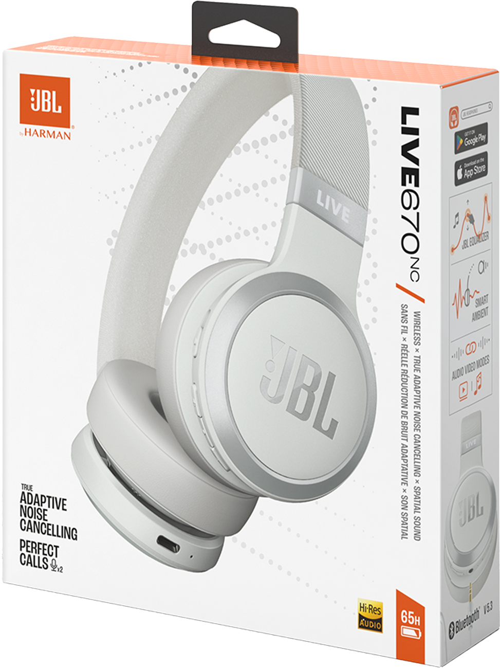 Casque JBL blanc dans une boîte. La boîte montre le casque et des fonctionnalités comme la réduction de bruit.
