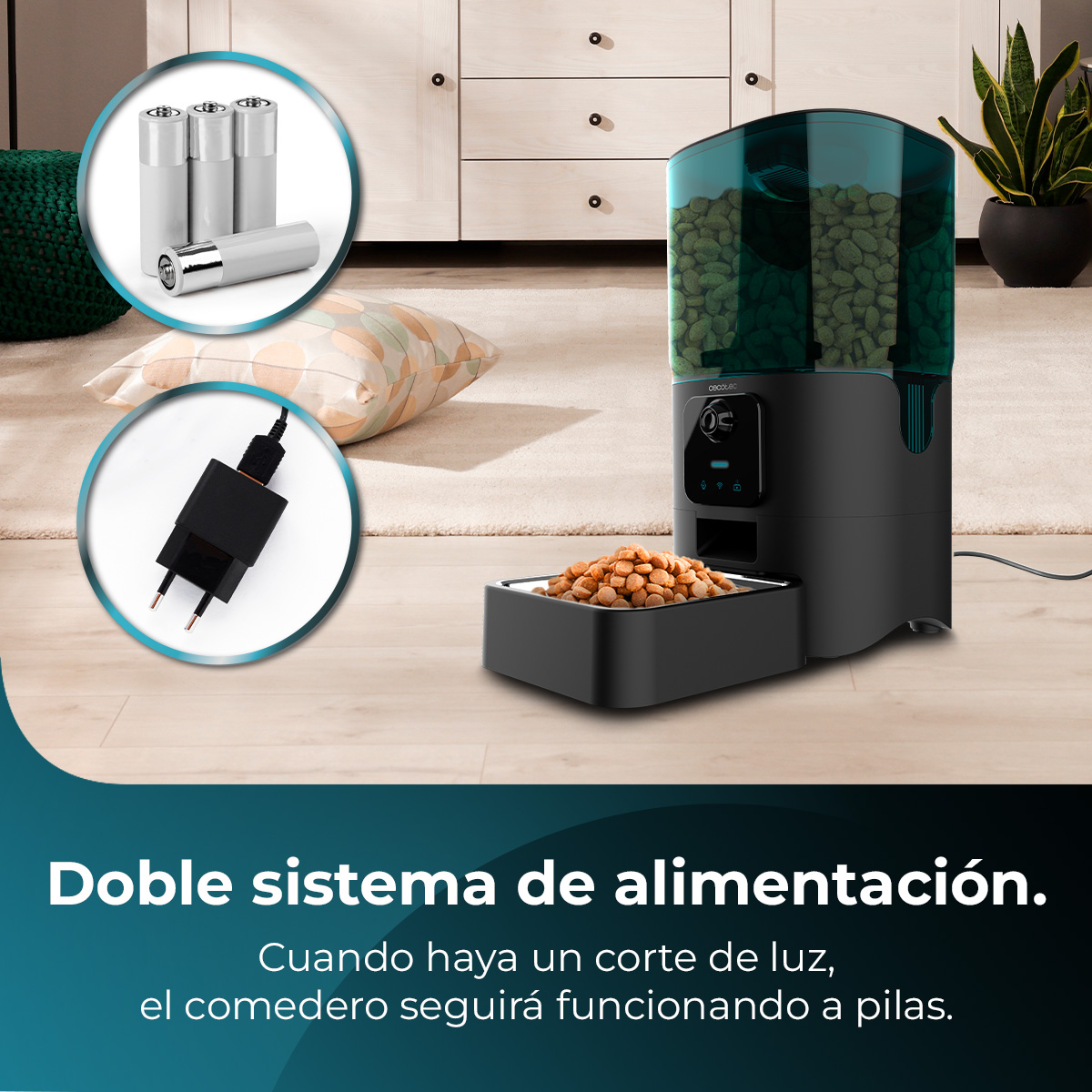Dispensador de comida para mascotas negro. Tiene un contenedor de comida, un cuenco, pilas y un adaptador.