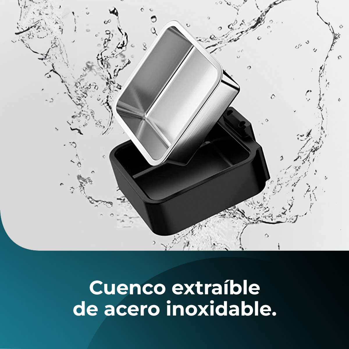 Un recipiente de acero inoxidable se levanta de una base negra con agua salpicando.
