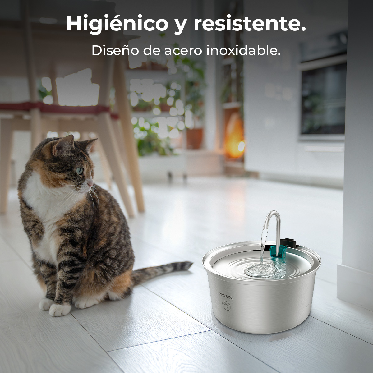 Gato mirando una fuente para mascotas con agua fluyendo, diseño higiénico y resistente.