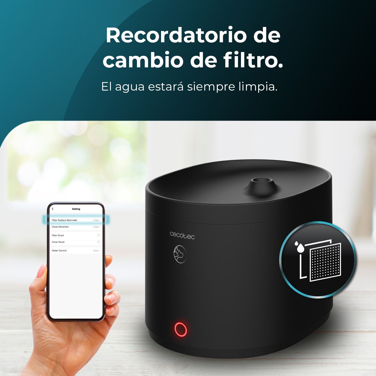 Una fuente de agua negra y un teléfono con una pantalla de la aplicación de recordatorio de filtro.