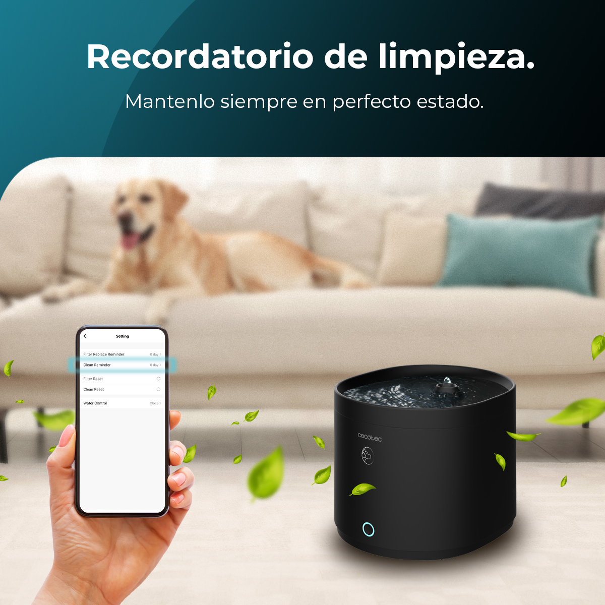 Una mano sostiene un teléfono mostrando ajustes junto a un tanque de agua negro. Un perro en el fondo.