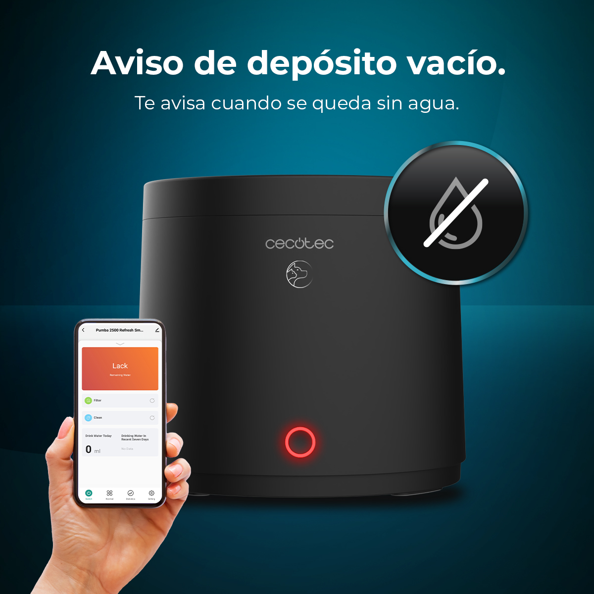 Humidificador negro con luz roja y teléfono mostrando la app, sobre fondo azul.