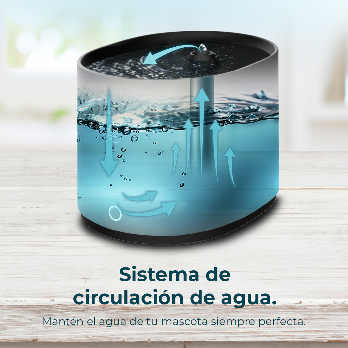 Fuente de agua para mascotas con flechas de circulación de agua, sobre una mesa de madera.