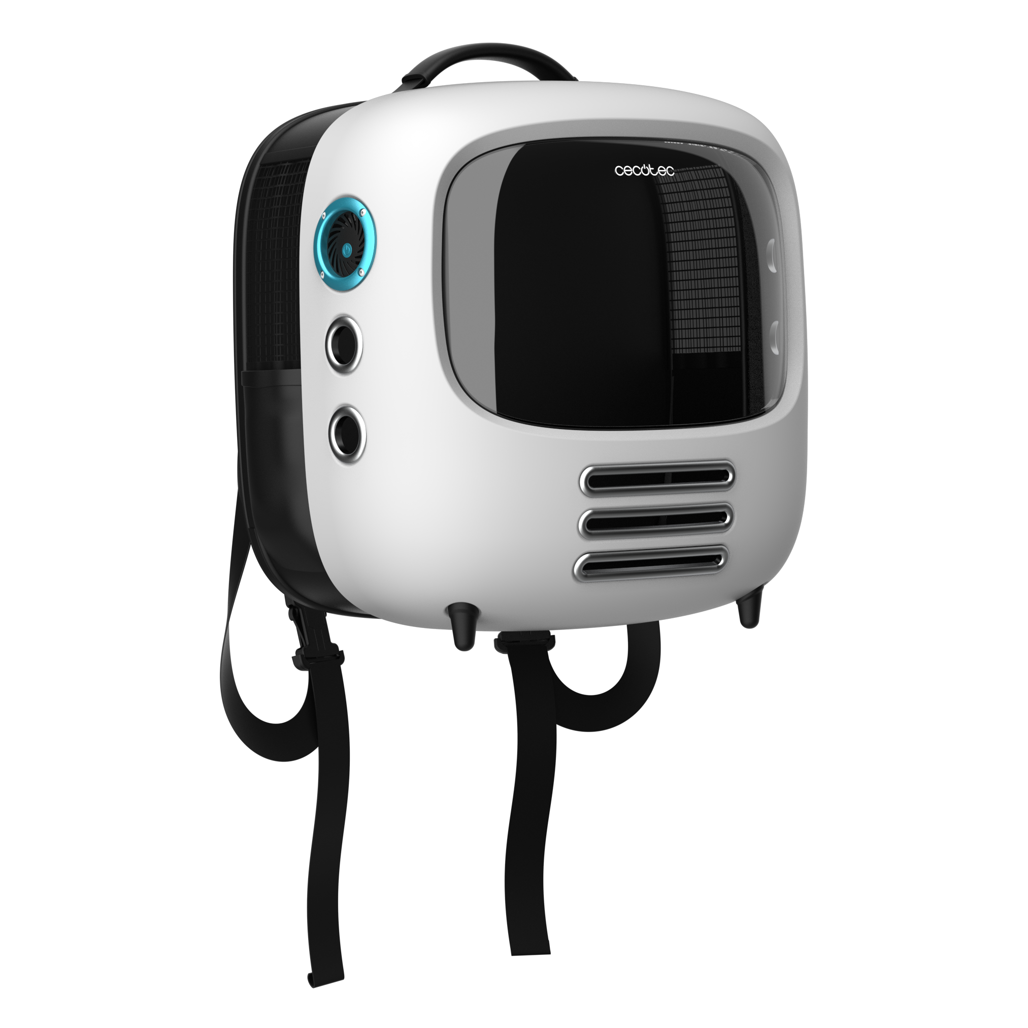 Un transportín para mascotas blanco y negro con forma de TV retro, con correas.