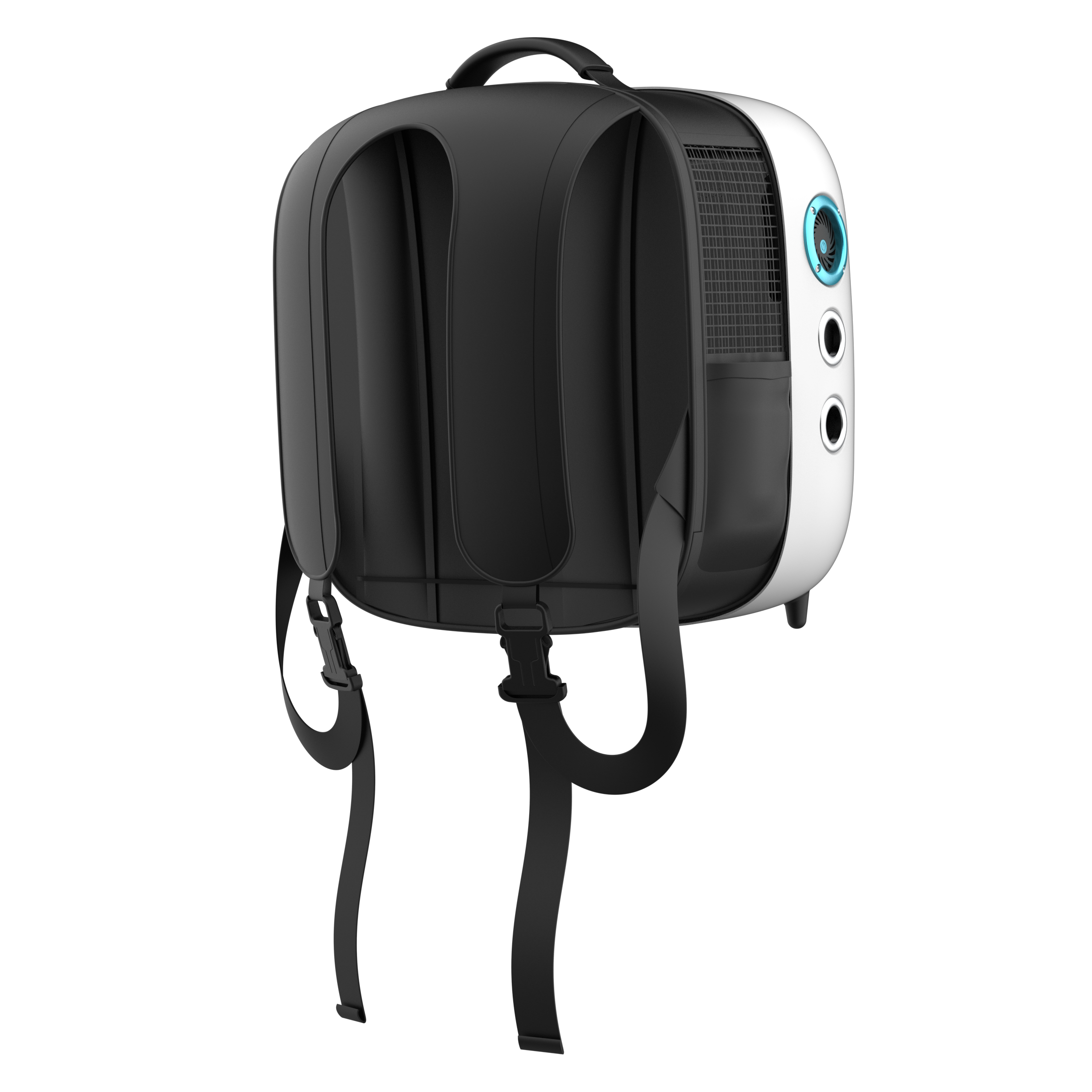 Una mochila transportadora para mascotas en blanco y negro con ventana de malla y luz azul.