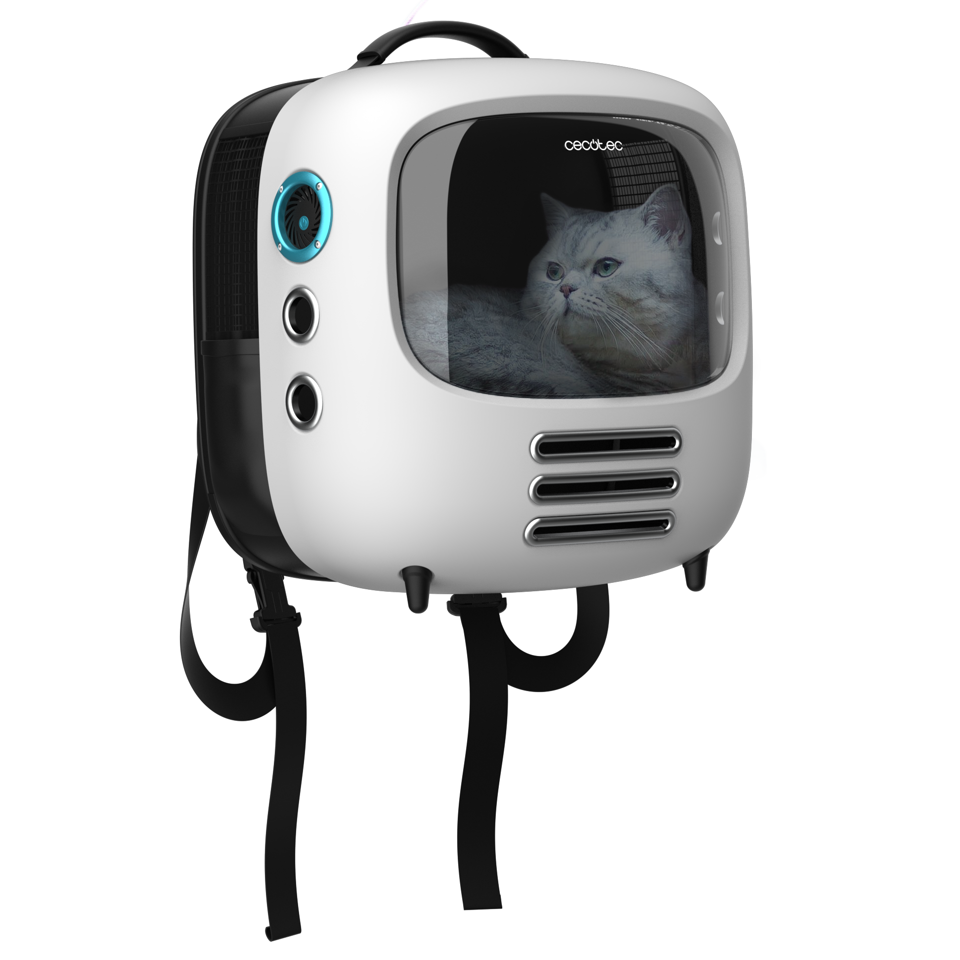 Un gato en un transportín tipo mochila de estilo retro con ventana transparente.