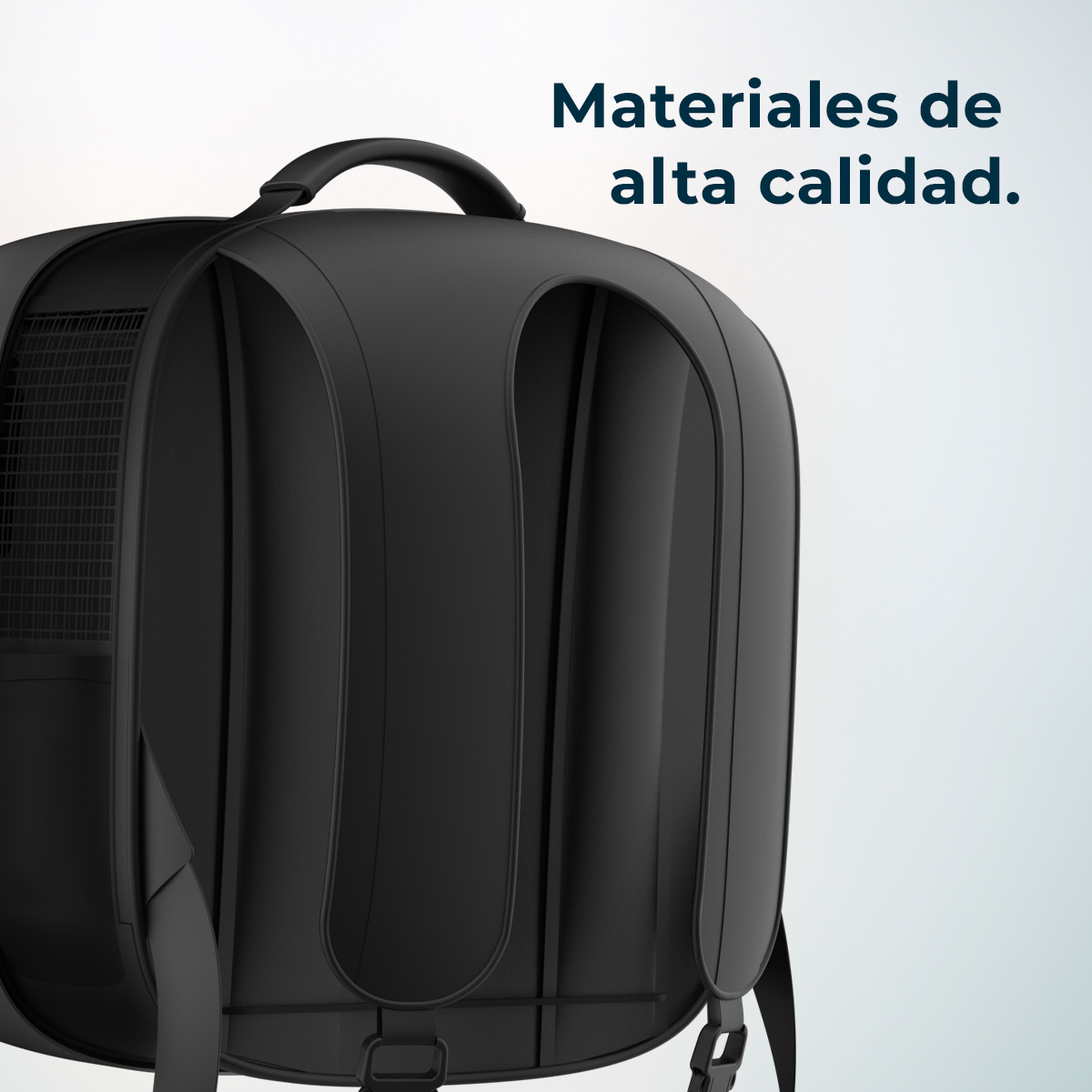Mochila transportadora para mascotas negra con la frase 'Materiales de alta calidad'.