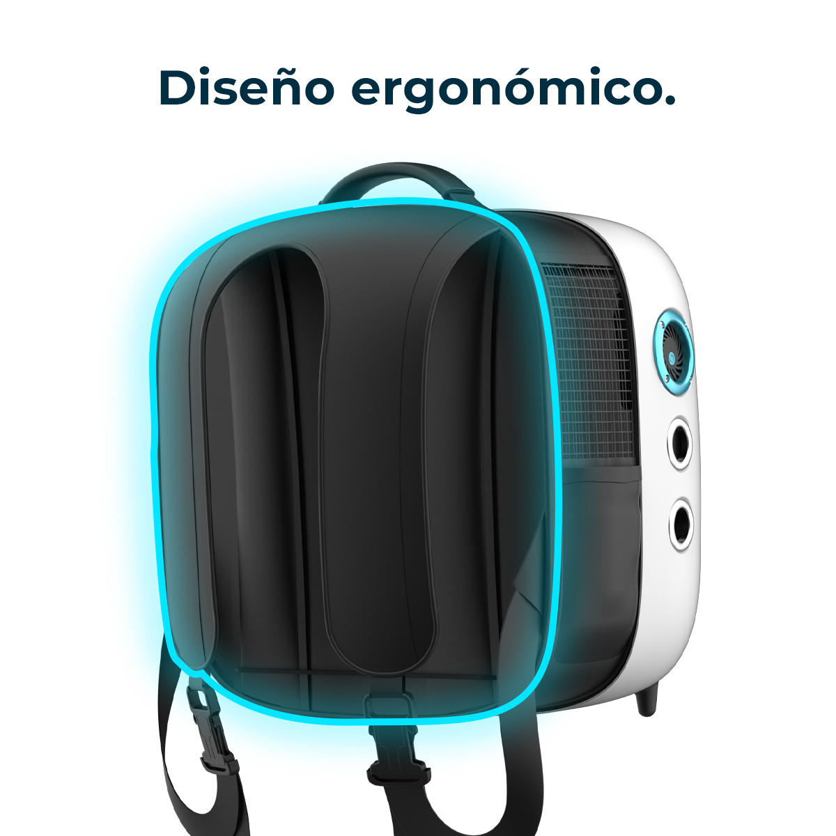Mochila negra con cubierta transparente y contorno azul. Texto: 'Diseño ergonómico'.