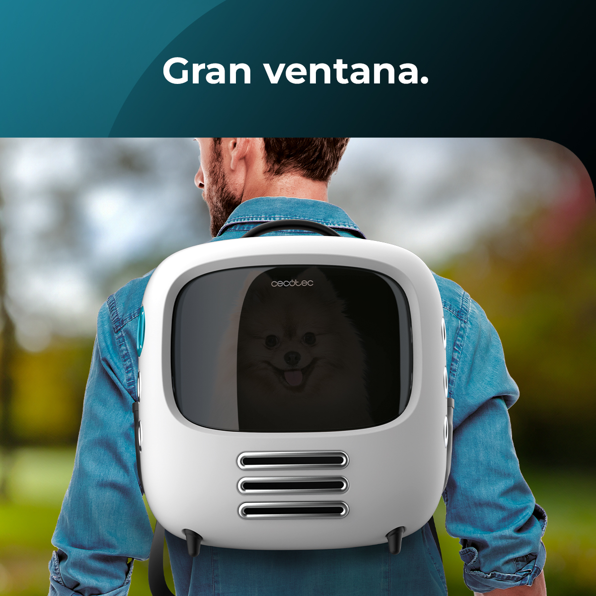 Un hombre con un perro en una mochila blanca. El perro mira fuera de la mochila.