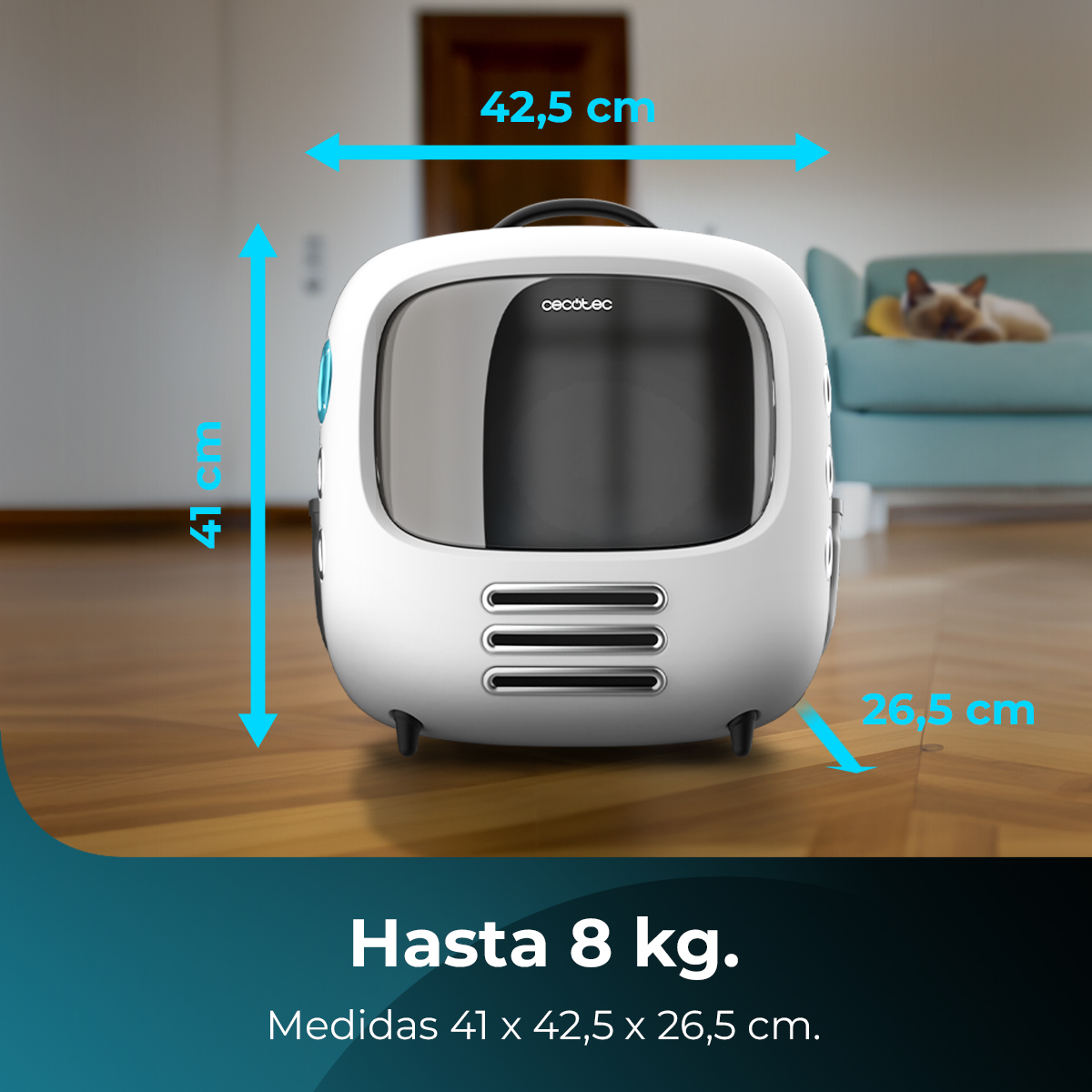 Un transportín para mascotas blanco de estilo retro con dimensiones mostradas. Fondo: un sofá y un gato.