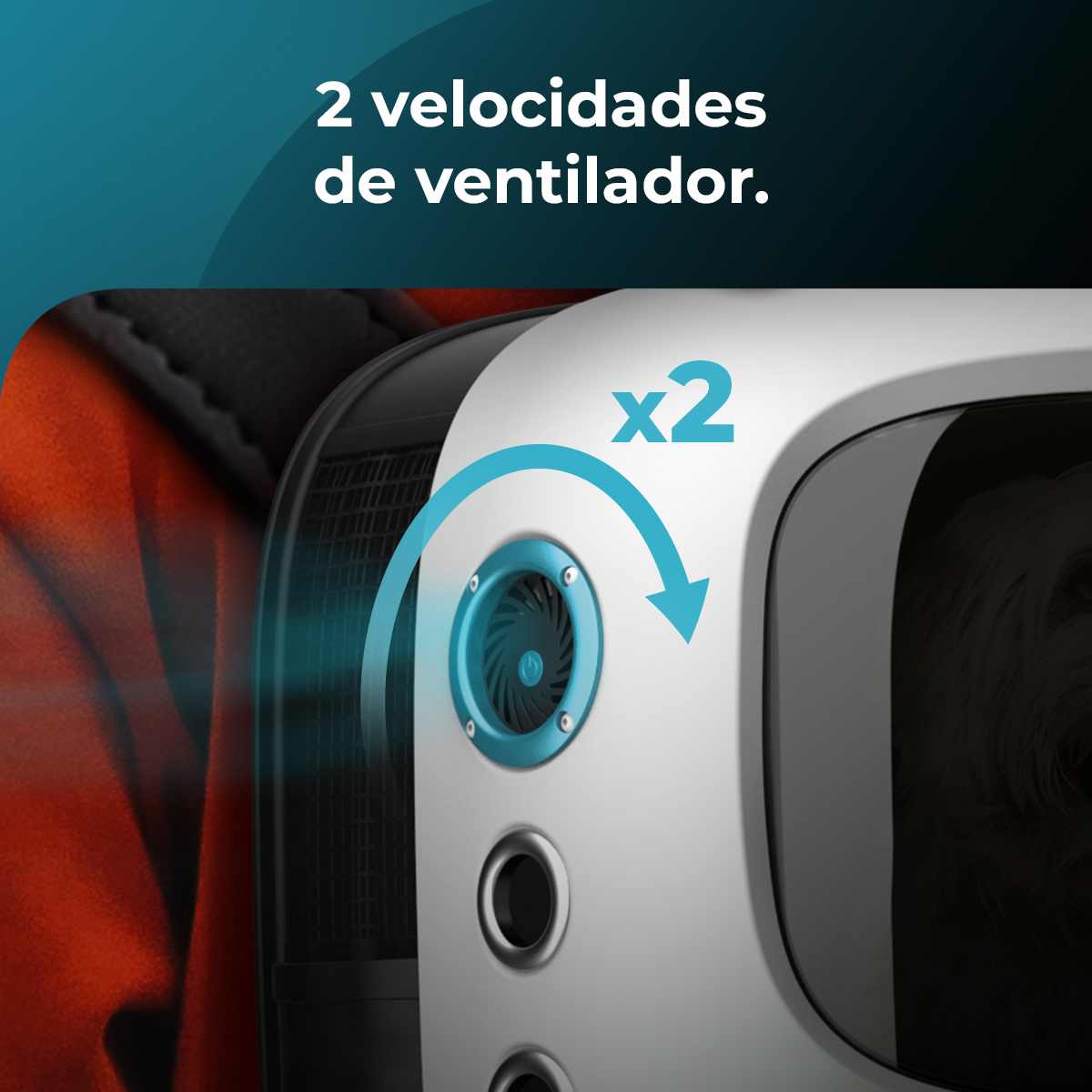 Primer plano de un dispositivo blanco y negro. Tiene un ventilador azul con el texto '2 velocidades'.