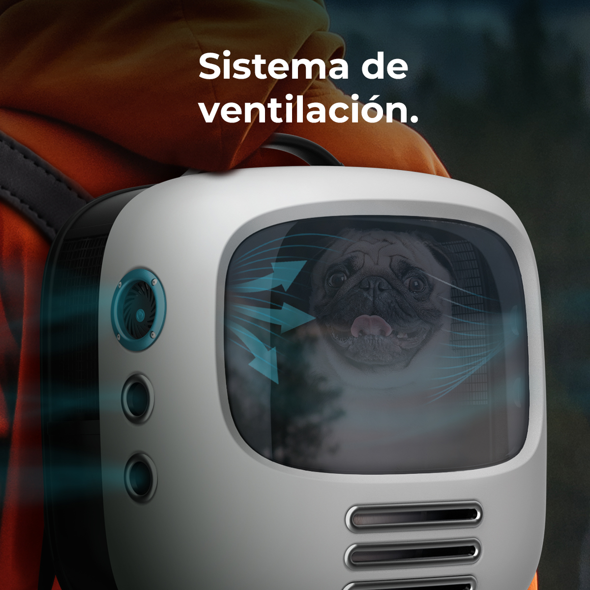 Un transportín blanco con un pug dentro. Texto: 'Sistema de ventilación'.