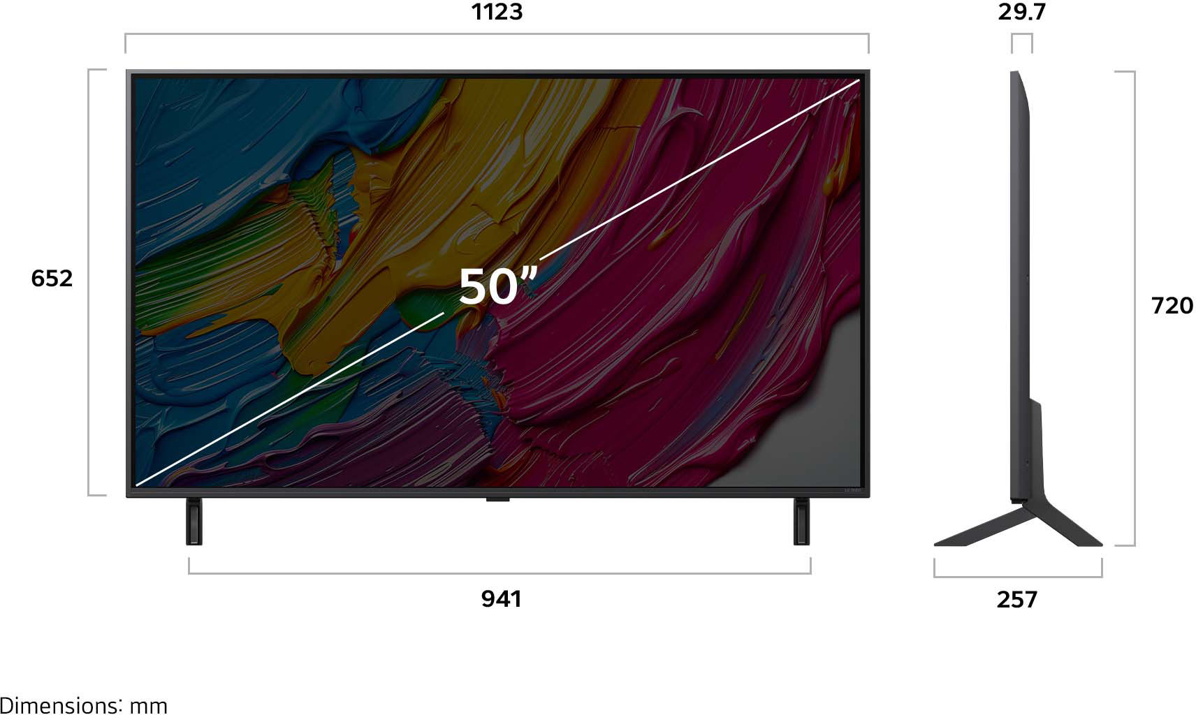 Egy 50 hüvelykes TV színes absztrakt művészettel a képernyőn, mm-ben megadott méretekkel.