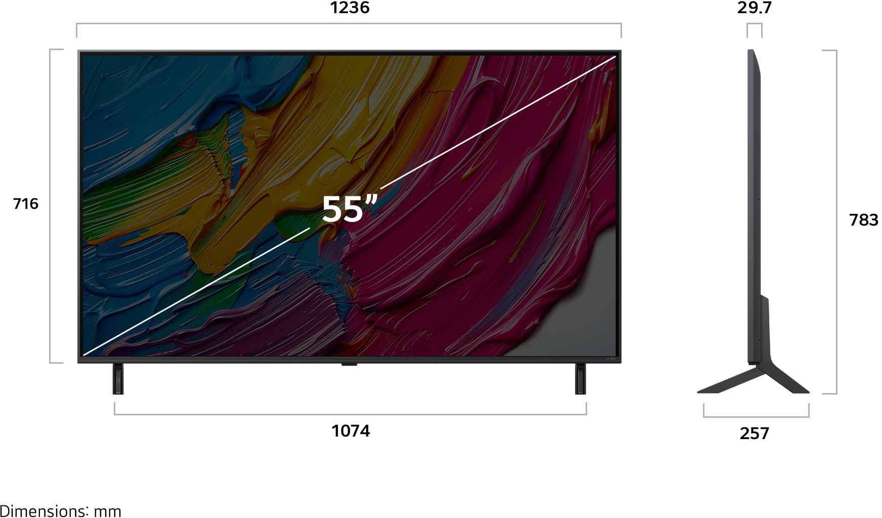 55 hüvelykes TV színes absztrakt művészettel, méretek mm-ben.