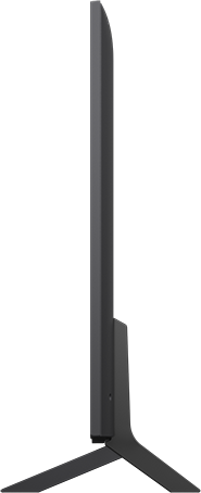 Egy vékony, fekete TV, oldalról nézve, a képernyőt és az állványt mutatja. A képernyő ki van kapcsolva.