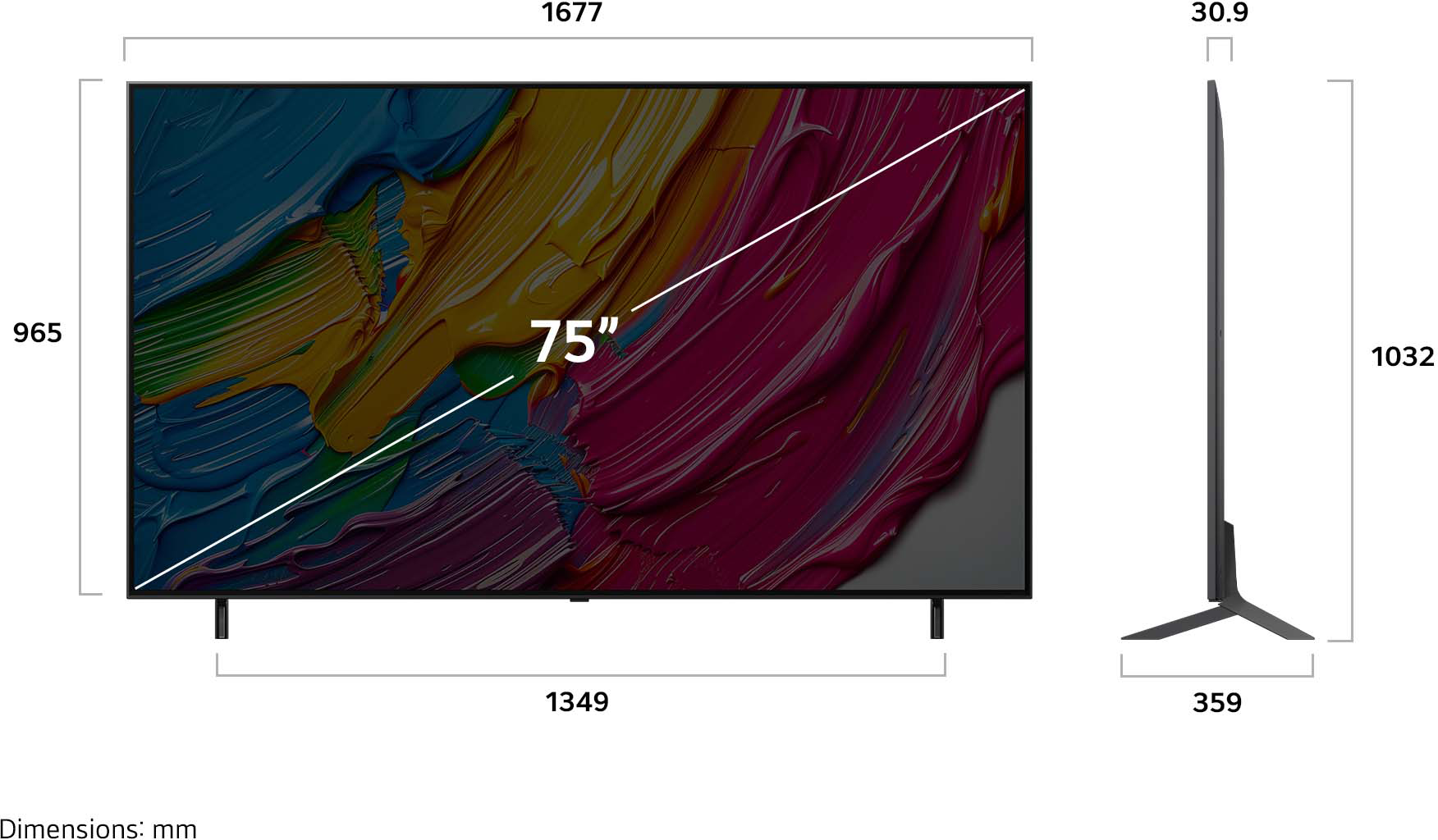 Egy nagy TV képernyő, mely a méreteket mutatja: 75 hüvelyk, 1677 mm széles, 965 mm magas.