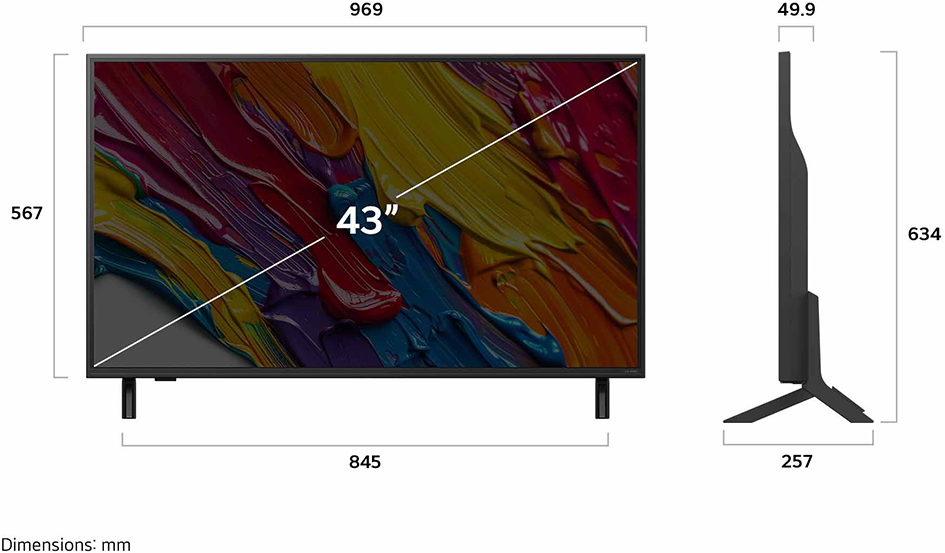 TV színes absztrakt háttérrel, méretekkel mm-ben.