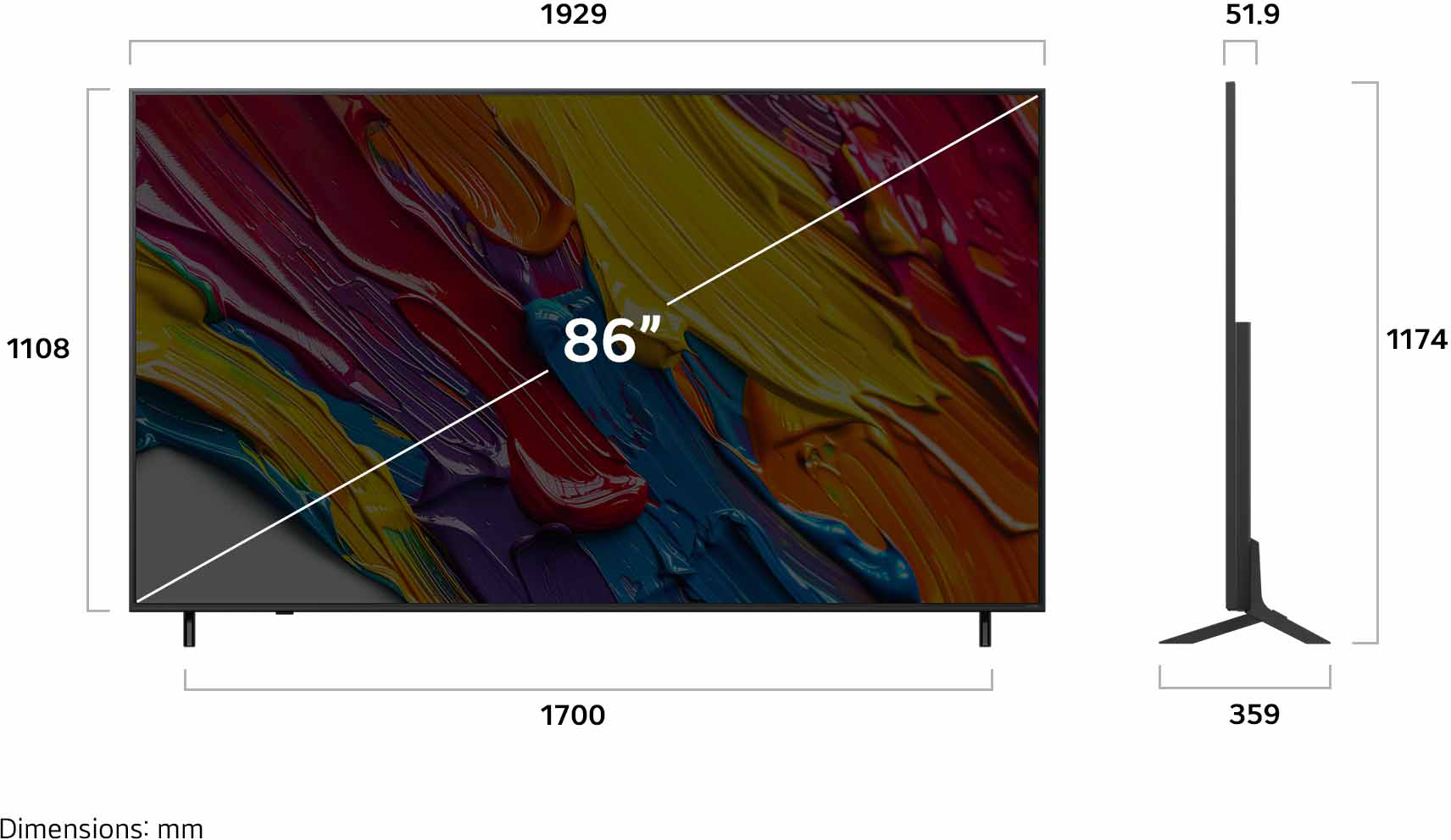 Egy 86 hüvelykes TV képernyő méretei.